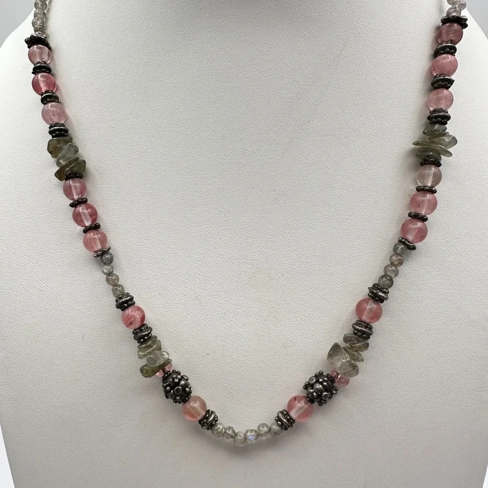 Vintage 90s Strawberry Quartz Labradorite Beaded‎ Necklace Boho Women's Jewelry